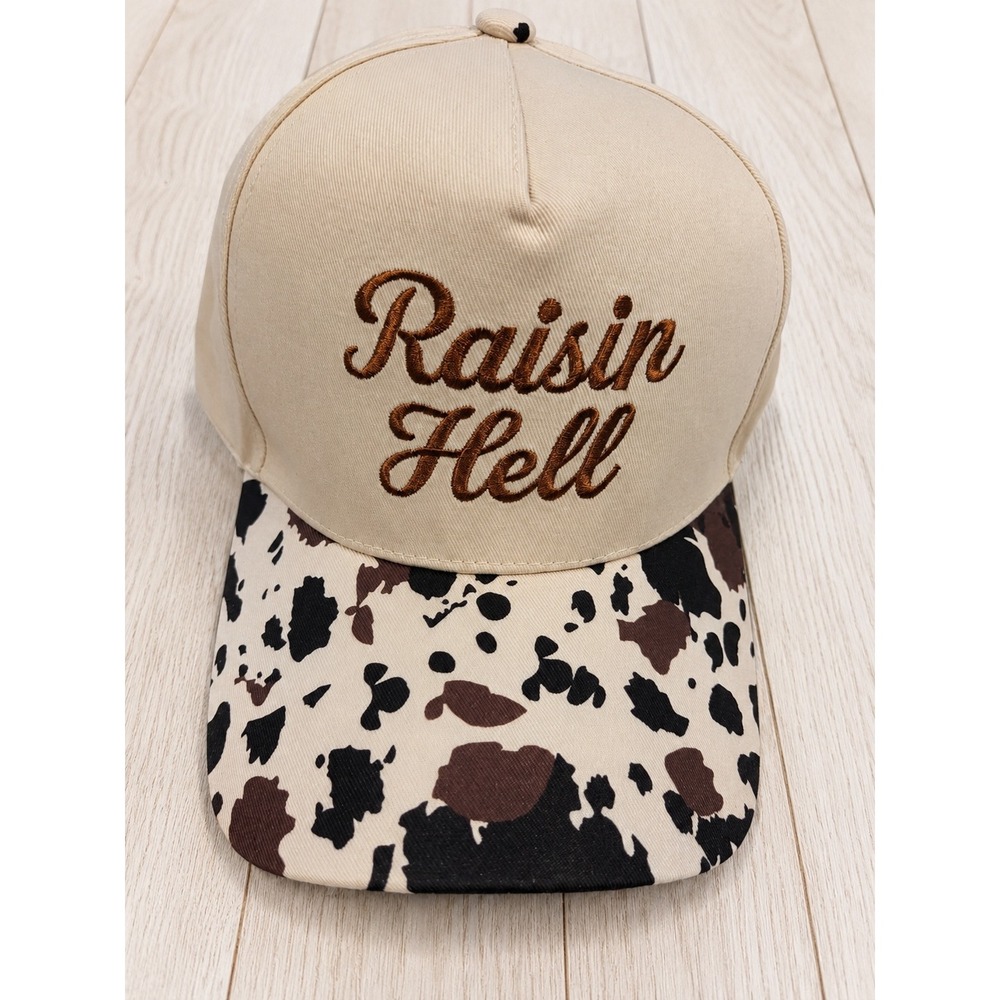 Zenana Raisin Hell Cow Print Trucker Hat Cream Brown Embroidered Snapback New